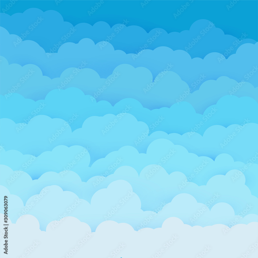 Blue magical clouds in the sky. Flat background for posters, banners. Heaven's beauty concept illustration background. Feminine, sweet fresh tints of morning sun rays.