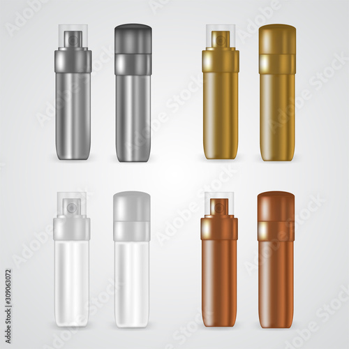 Beauty container set isolated on white background. Cream, lotion or moisturizer pump tube with dispenser or sprayer. Skin care product mock up with copy space for branding. Plastic packaging template.