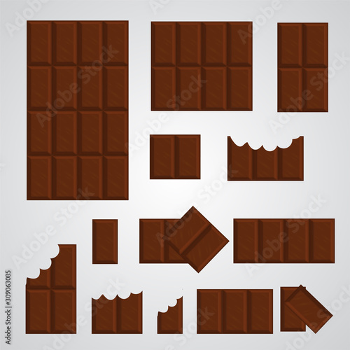 Chocolate bar vector set. Delicious brown dessert in rectangular blocks an chunks for posters, banners, package decoration. Tasty sugary food in dark chocolate color with bitten an whole pieces.