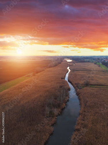 Aerial view of sunset river
