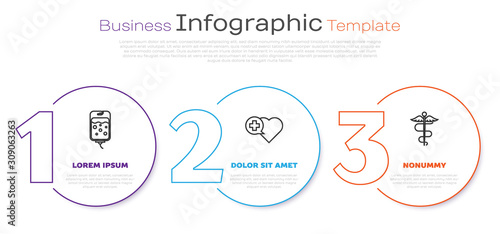 Set line IV bag, Heart with a cross and Caduceus snake medical symbol. Business infographic template. Vector