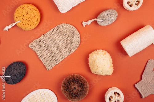 Different types of zero waste sponges for body care. Concept of eco friendly supplies for self-care. Flat lay style.