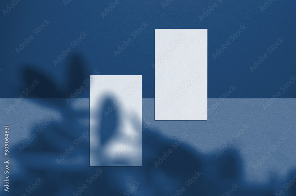 Business card Mockup. Natural overlay lighting shadows the leaves. Business cards 3.5x2 inch. Scene of Leaf Shadows. Classic Blue color. Color of the year 2020. Business card Mockup. Natural overlay lighting shadows the leaves. Business cards 3.5x2 inch. Scene of Leaf Shadows. Classic Blue color. Color of the year 2020.