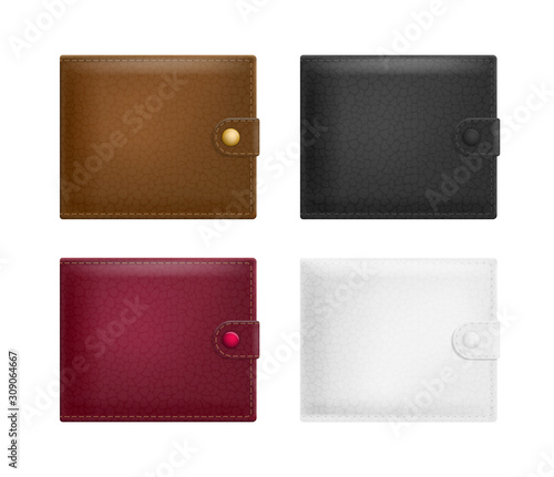 Realistic red, white, brown and black leather wallet. Vector illustration.
