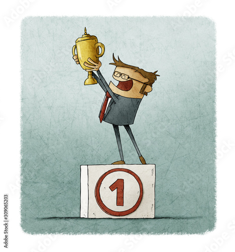 Businessman on a podium with the number one lifts a trophy with her hands.