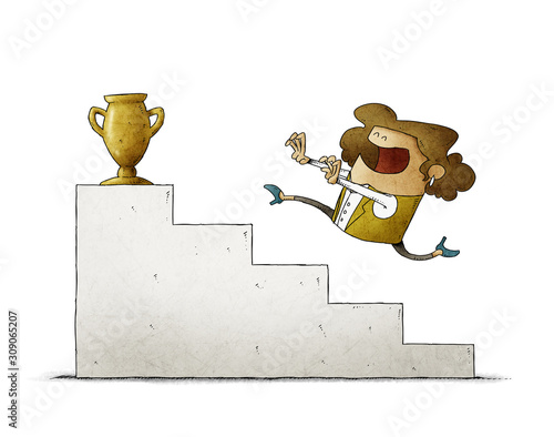 Businesswoman runs up some stairs to reach a golden trophy. isolated