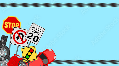 Business card or banner for driving school or car repair tire fitting garage. Stack of automobile wheels, tires and petrol canister with steering wheel. Red automobile with popular road signs set