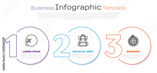 Set line Globe with flying plane, Hiking backpack and Globe with flying plane. Business infographic template. Vector