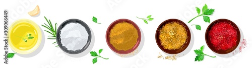 Vector realistic set with spices, rubs for vegetarian, meet, fish dishes garnished greenery. Condiments are in small bowls mustard, salt, chicken curry, saffron, red paprika, onion. Top view.