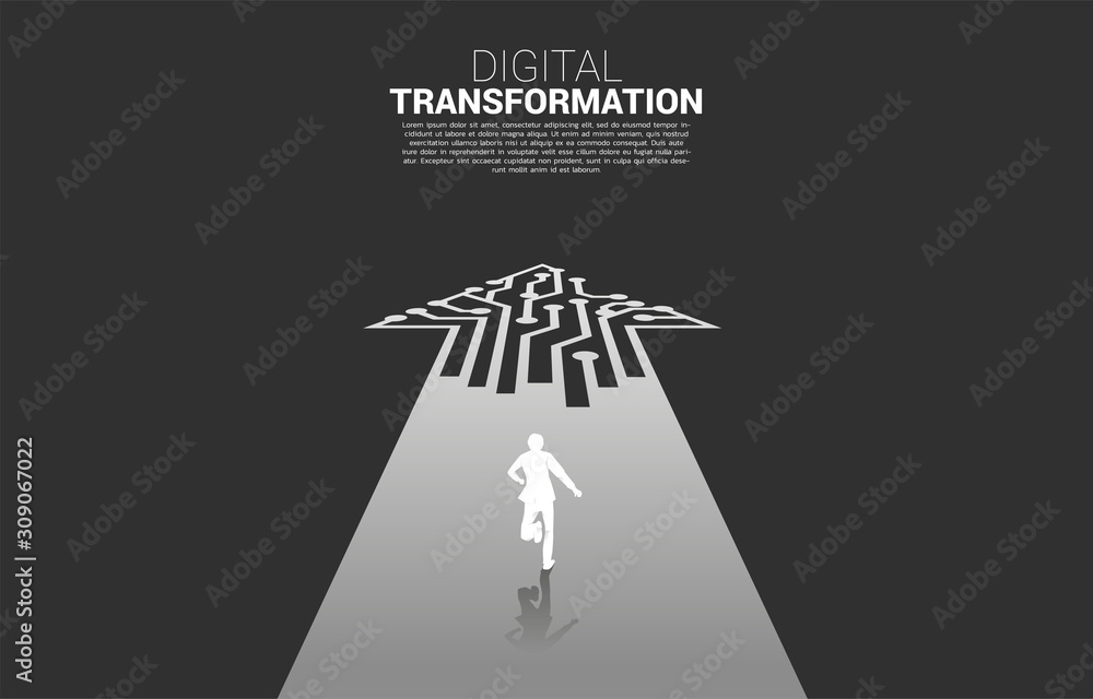 © Panithan - Silhouette of businessman running on the way with dot connect line circuit. concept of digital transformation of business. © Panithan - Silhouette of businessman running on the way with dot connect line circuit. concept of digital transformation of business.