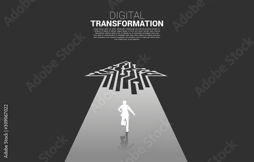 Silhouette of businessman running on the way with dot connect line circuit. concept of digital transformation of business.