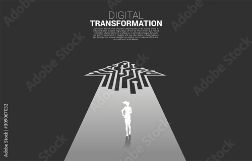 Silhouette of businesswoman running on the way with dot connect line circuit. concept of digital transformation of business.