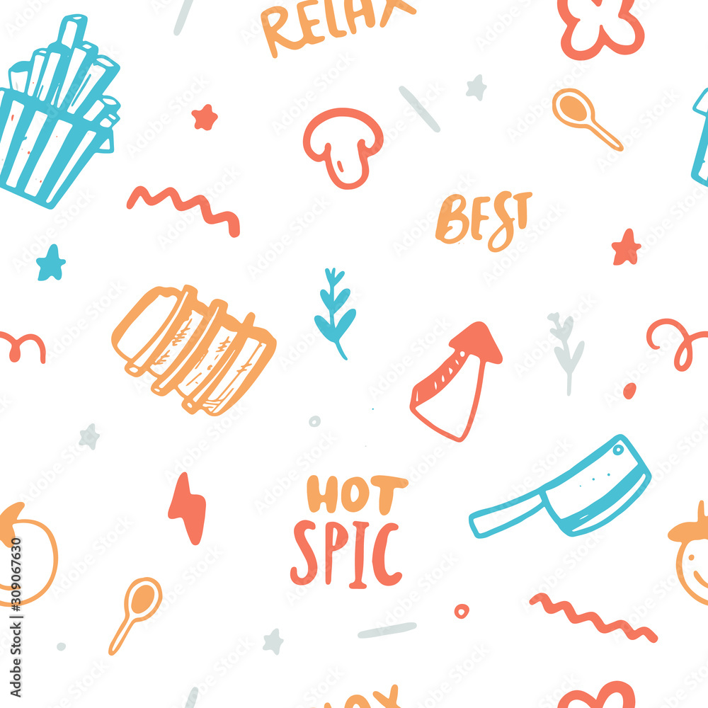 Colorful BBQ Menu Seamless Pattern design, Food barbeque vector background. Doodle illustration with lettering