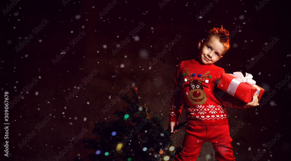 Little happy boy in a red sweater with an image of a rudolph deer holding a gift from Santa and a Christmas tree, on a dark background