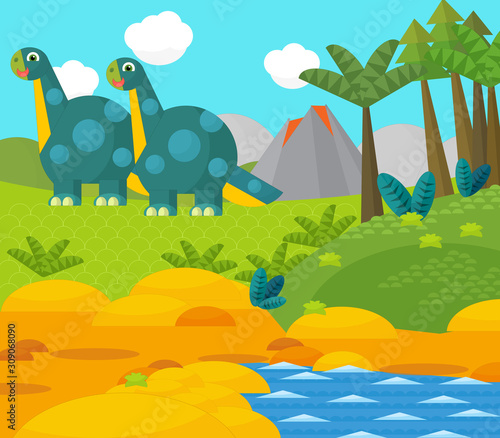 Cartoon happy dinosaur near some river and volcano - illustration for children © honeyflavour