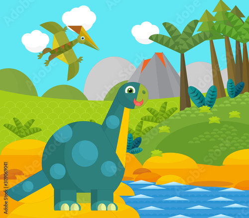 Cartoon happy dinosaur near some river and volcano - illustration for children