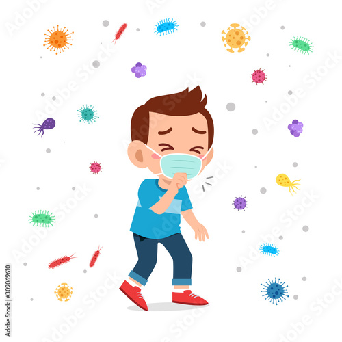sad cute kid boy cough use masker