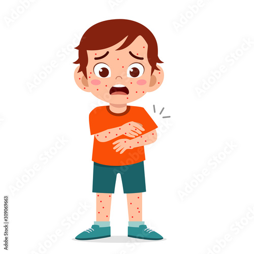 sad cute kid boy get measles ill