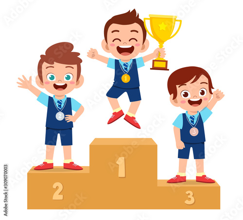 happy cute kid boy win on podium