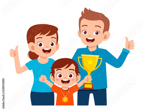happy cute kid boy become first winner