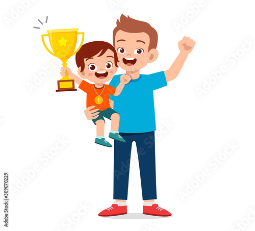 happy cute kid boy become first winner