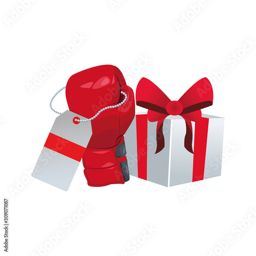red boxing glove with price tag and gift box
