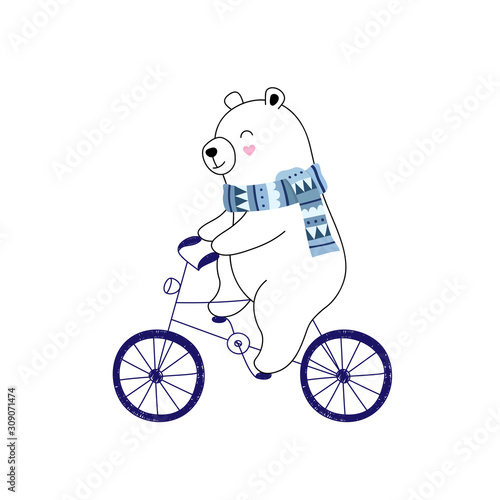 Cute polar bear rides a bicycle, outdoor activities. Vector illustration for children.