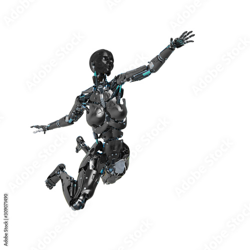 cyborg female comic explosion pose in a white background