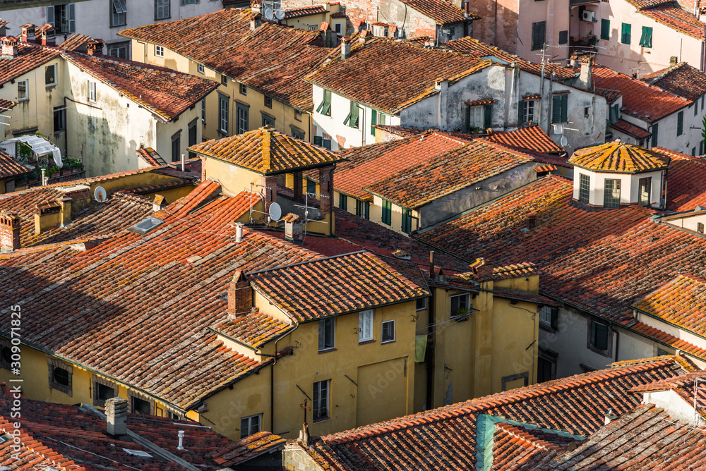 View at traditional ancient Italian town with colorful houses in Tuscany from above