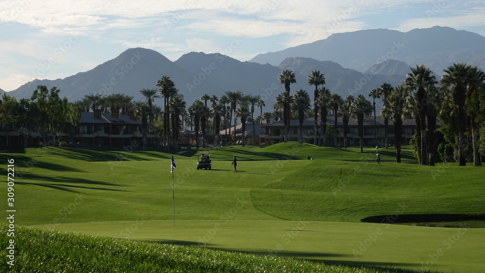 Golf course with palm trees and mountain view.