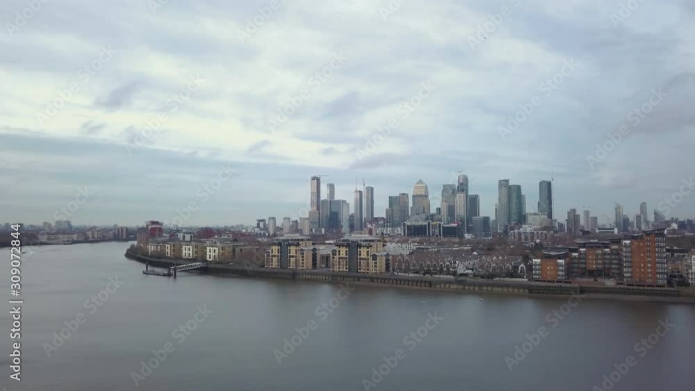 Overview of London skyscrapers. UK. Aerial slow pan Overview of London skyscrapers. UK. Aerial slow pan