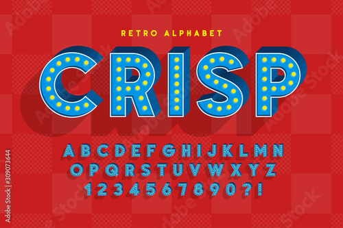Retro cinema font design, cabaret, LED lamps letters