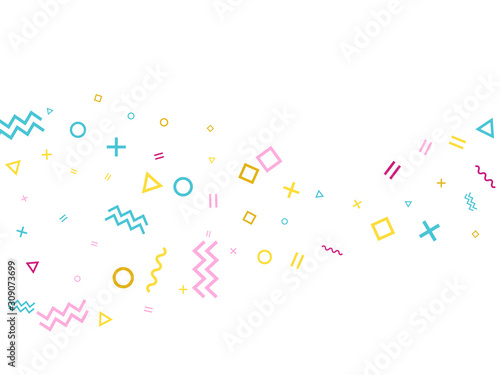 Tech 90s style memphis crimson blue yellow confetti falling scatter on white.