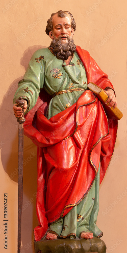 ZARAGOZA, SPAIN - MARCH 3, 2018: The polychome carved statue of st. Paul the Apostle in church  Iglesia de San Miguel de los Navarros.
