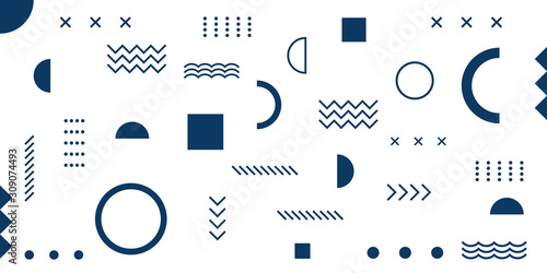 Memphis Simple Blue Abstract Circle Line Rectangle Box Arrow Cross Mountain River Pie Egypt Basic Shape Background For shirt