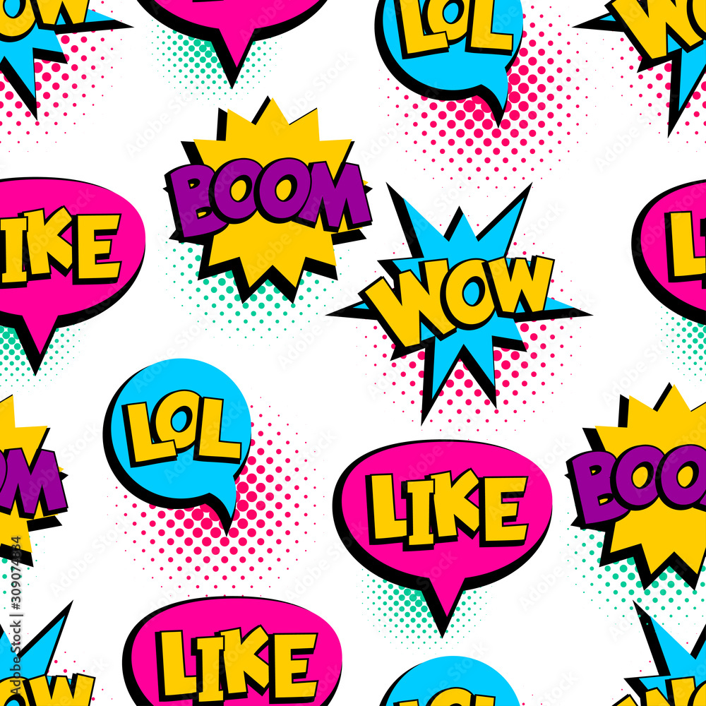 Pop Art seamless pattern comic text wow lol Pop Art seamless pattern comic text wow lol