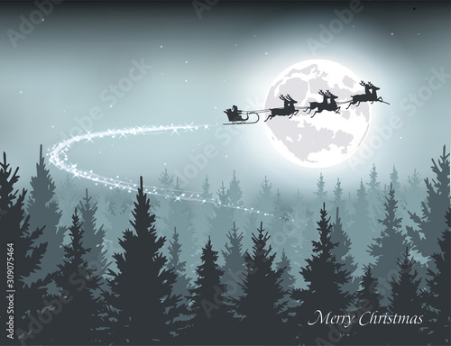 Santa flying in a sleigh on the background of the moon vector illustration