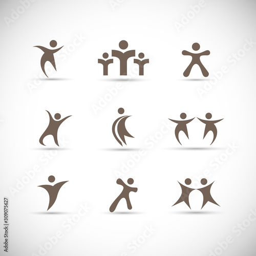 Abstract People Logo Set. Human Figure Isolated On Gray Background. Icons Collection For Human Success, Celebration Logo, Achievement Symbol And Activity. Different Happy People. Figure Logo, Vector