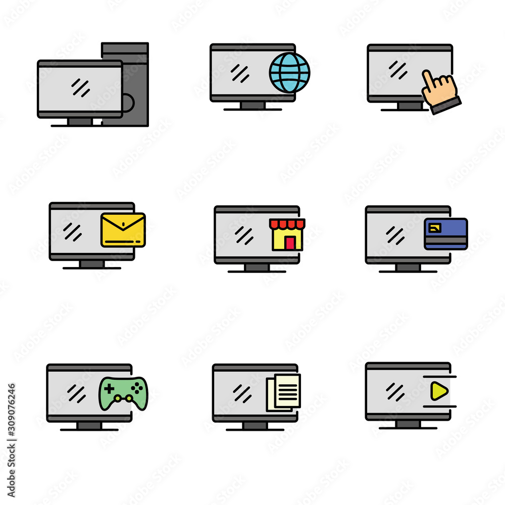 Set of computer vector illustration with simple design isolated on white background. Computer icon with filled line design Set of computer vector illustration with simple design isolated on white background. Computer icon with filled line design