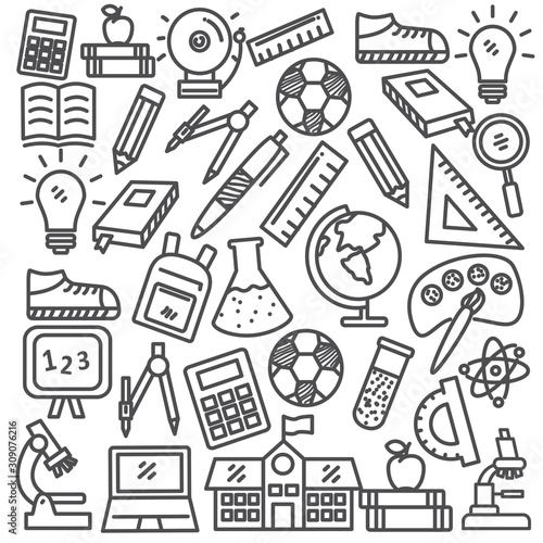 Set of school doodle vector illustration with black line design suitable for background. School doodle element