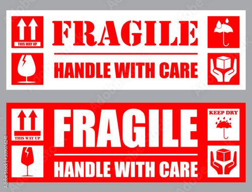 Fragile, Handle with Care or Package Label stickers set. Red and white colour set. Banner format.