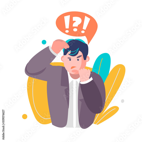 A man thinks. Question mark. The employee solves the problem. bubbles