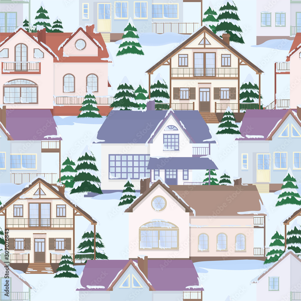 Vector seamless pattern of suburban family houses and fir trees.