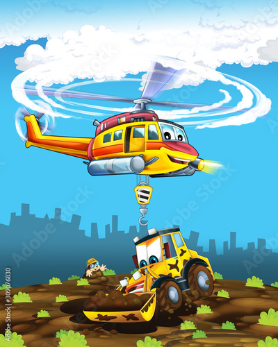 cartoon scene with industry car excavator digger on construction site and flying helicopter - illustration for children © honeyflavour