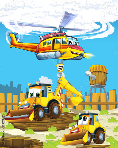 cartoon scene with industry car excavator digger on construction site and flying helicopter - illustration for children