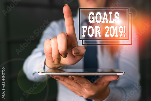 Word writing text Goals For 2019. Business photo showcasing object of demonstratings ambition or effort aim or desired result Blurred woman in the background pointing with finger in empty space