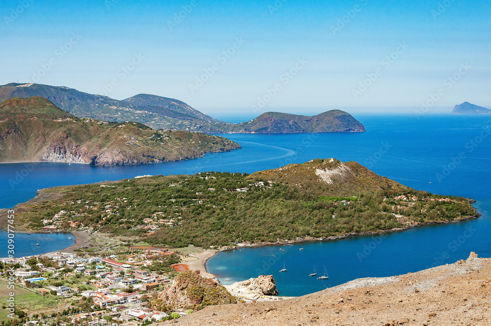 View of Lipari volcanic islands at hot day time. Italy.