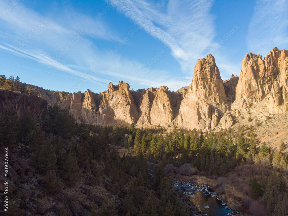 Rocks in a beautifully beautiful desert canyon. Smith Rock State Park National Park. Oregon State. Top view