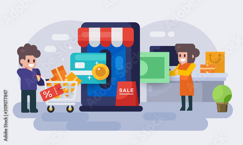online shopping payment concept. people make purchases though website and mobile screen by credit card. flat vector illustration