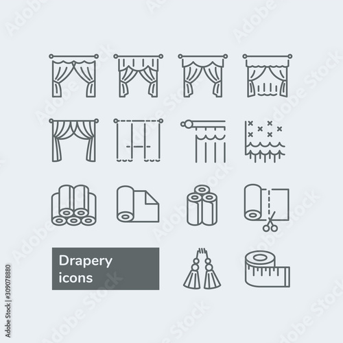 Elements for drapery and curtain shop. Vector line icons with drapes. Different styles of draperies, curtains and tulle.